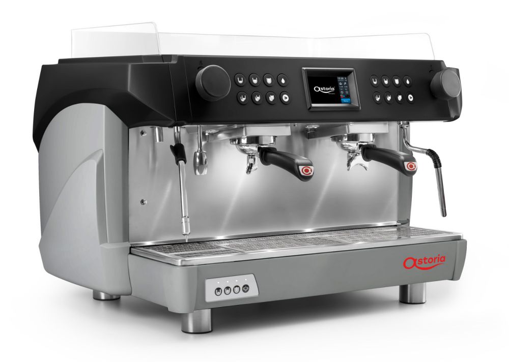 Commercial espresso machine with digital display on a white background