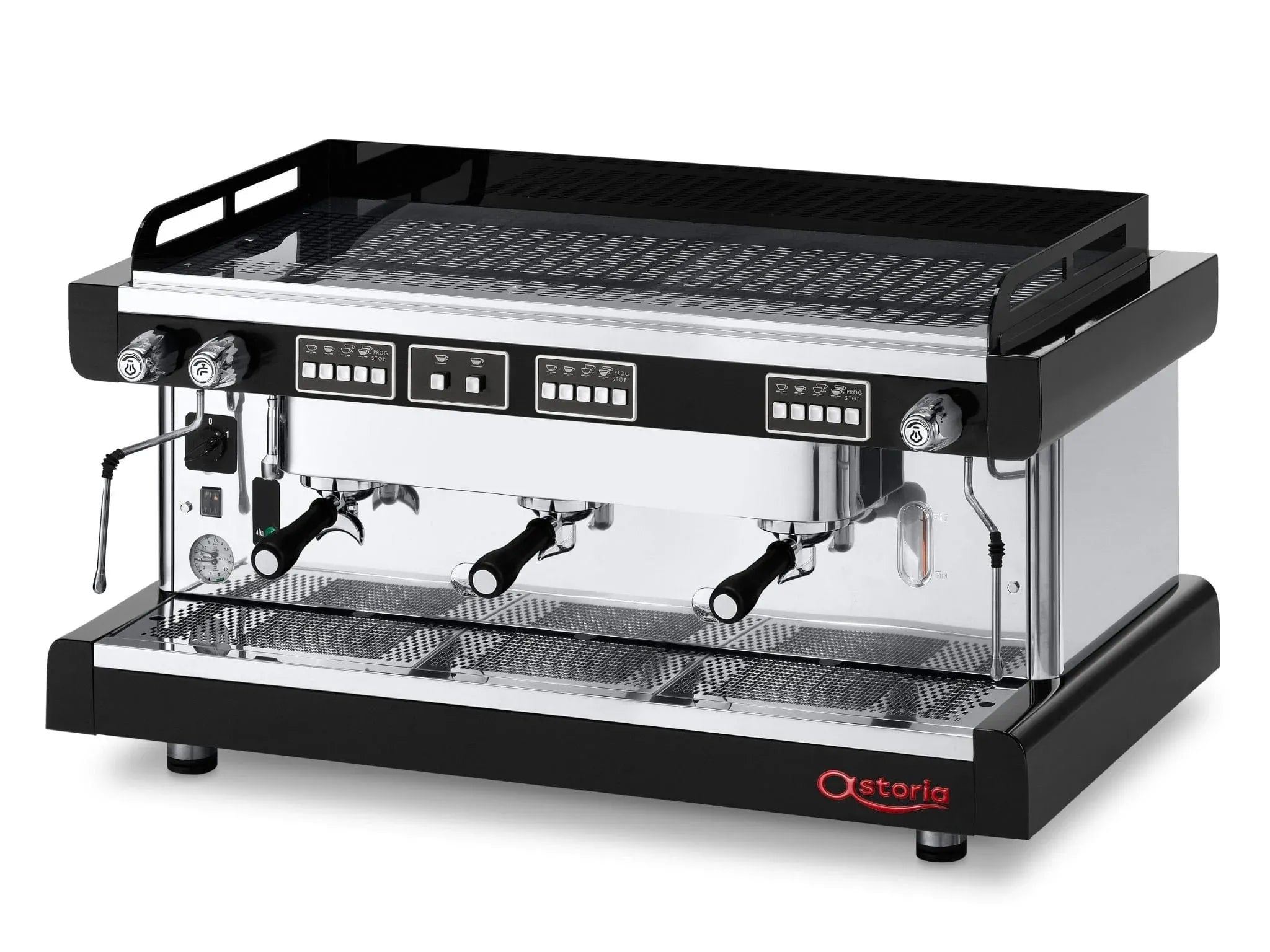 Pratic_Avant_XTRA_SAE3_Black Commercial espresso machine with black and silver design on a white background