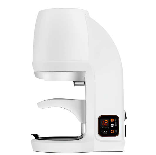 White Variant Puqpress Mini Automatic Coffee Tamper side view with tamping slot visible, designed for home and prosumer espresso setups.