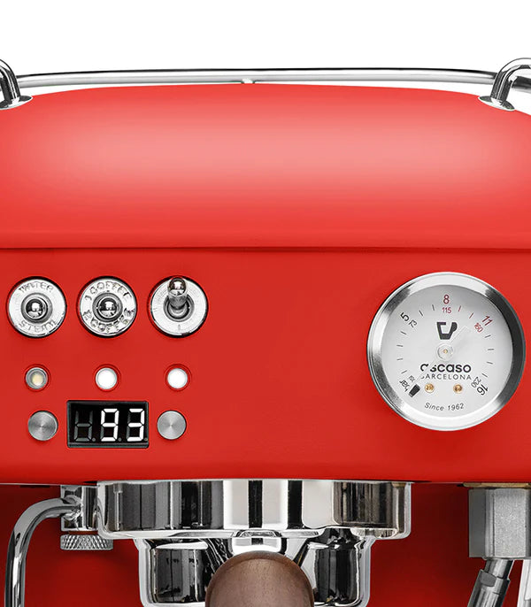 Buttons and gauges of Red Ascaso Dream PID Espresso Machine