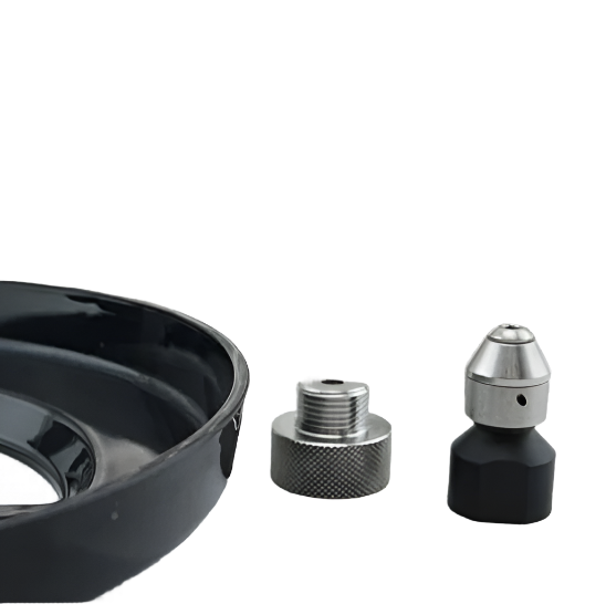 Components of Rhino Pitcher Rinser 600 mm with Spinjet and blender attachment — black actuator plate, stainless steel riser adapter, and Spinjet spray nozzle for cafe barista equipment