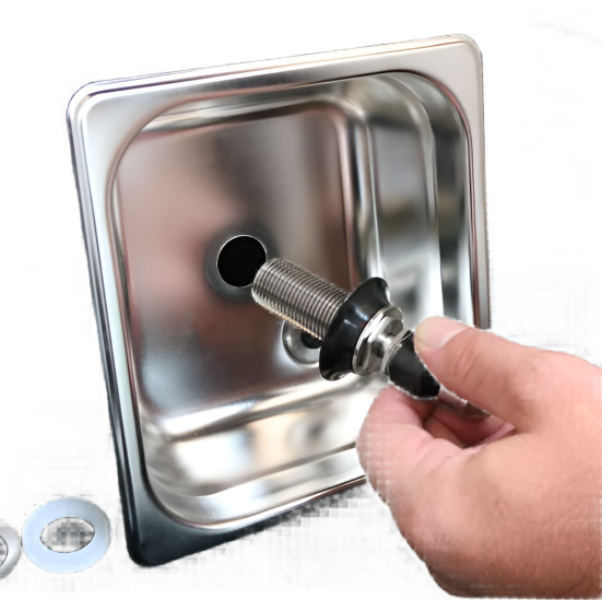 An image of a Hand activating Rhino Spinjet Valve on compact 150 mm square pitcher rinser—ideal for quick pitcher and jug rinsing in small café benches
