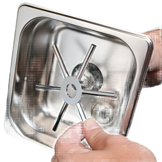 A close up Interior and Actuator Star of Rhino Spinjet Spray Valve with stainless steel actuator star inside square 150 mm rinser basin for powerful rotating rinse action
