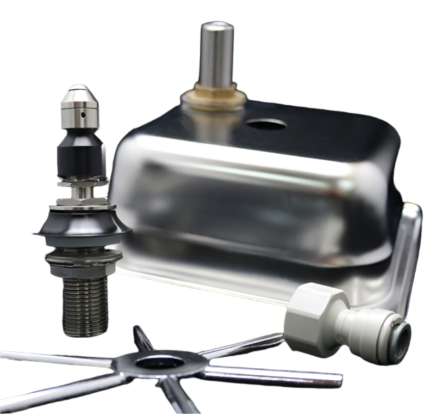 A picture of Disassembled Rinser Components of Square 150 mm Rhino rinser parts including Spinjet spray mechanism, actuator star, and mountable sink tray—easy to install and service