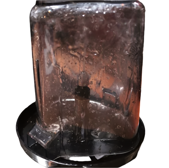 An image of a Transparent blender jug placed over Rhino 600mm rinser with Spinjet assembly and blender attachment, demonstrating cleaning capability for tall vessels