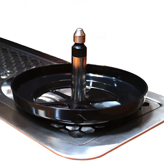 An image of Rhino Spinjet spray valve with black coiled stainless riser and actuator star visible on rinser tray, designed for dynamic sweeping rinse action