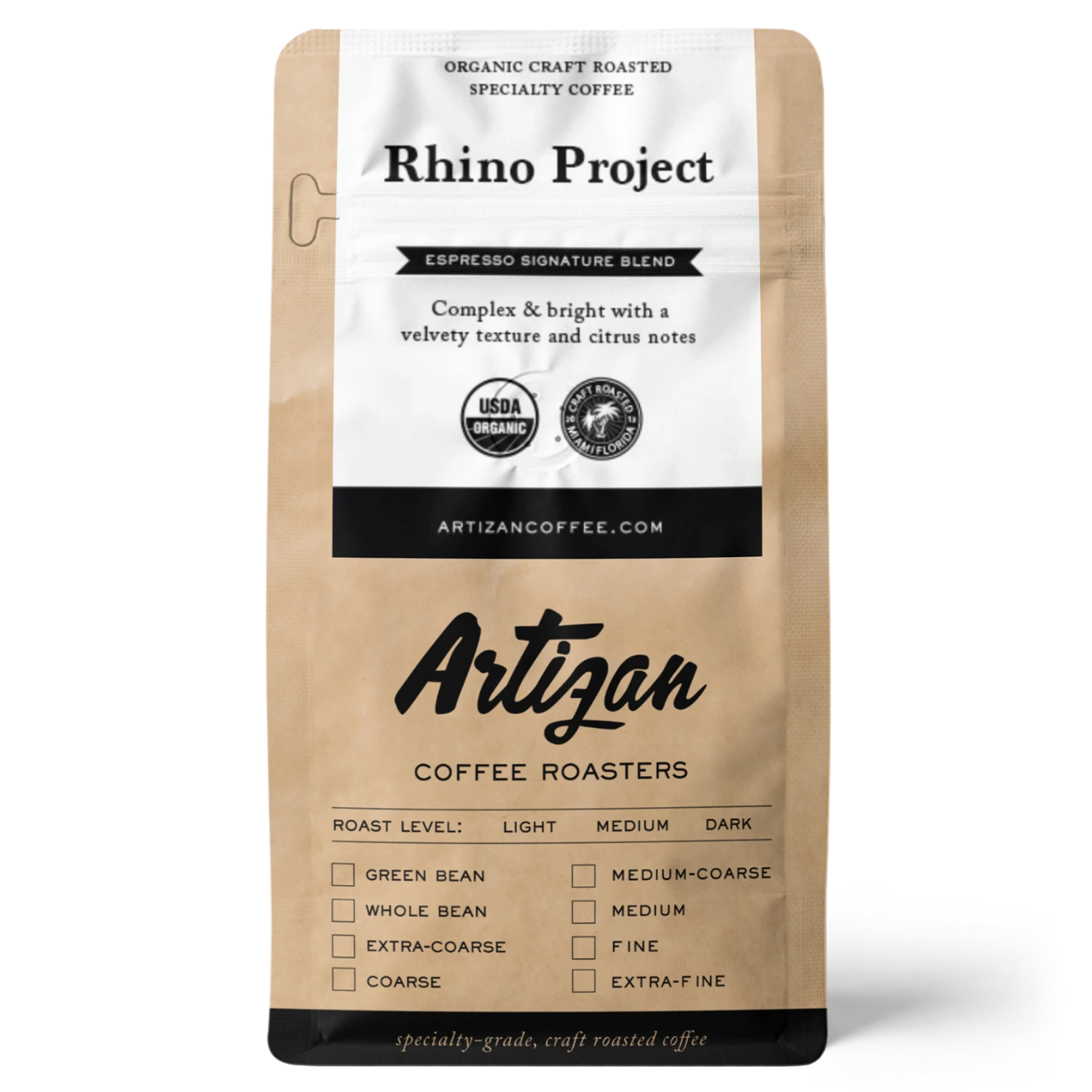 Packaging for Rhino Project Espresso Signature Blend coffee, featuring a description of flavor notes and roast levels.