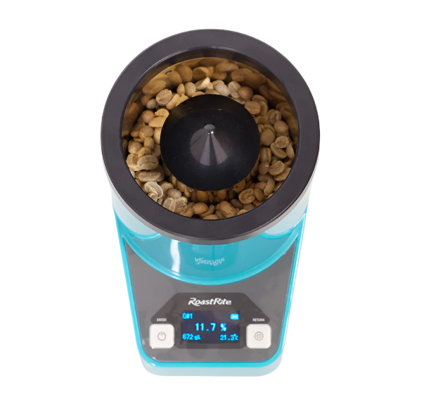 RoastRite RM-800 Coffee Moisture and Density Meter measuring sample beans with included accessories.