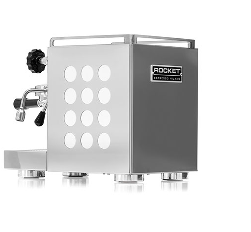 Angled left rear image of the white side panel variant of Rocket Appartamento Espresso Machine