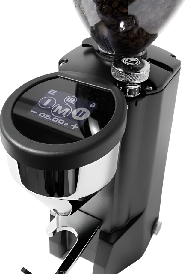 Close-up top view image of Rocket Espresso Fausto Touch Espresso Grinder featuring its display panel