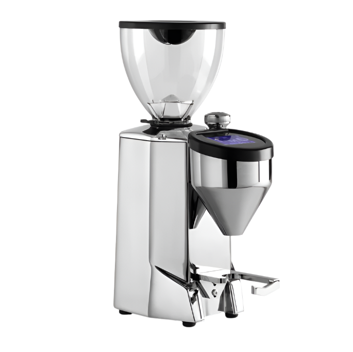 Angled front image of chrome variant Rocket Espresso Fausto Touch Espresso Grinder