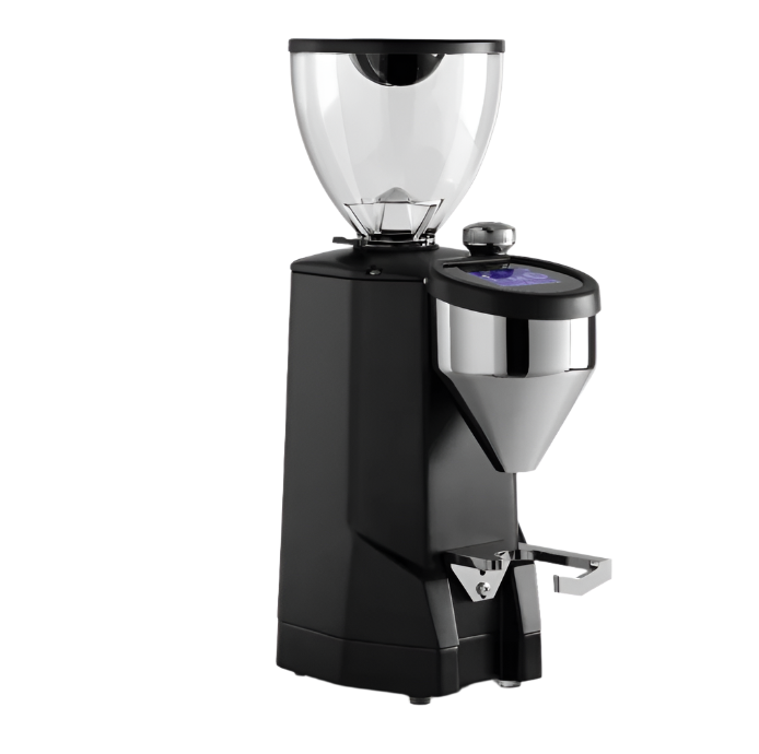 Angled Front image of black variant Rocket Espresso Super Fausto Commercial Grinder