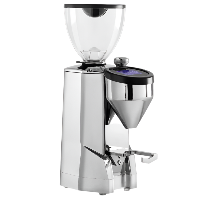 Angled Front image of chrome variant Rocket Espresso Super Fausto Commercial Grinder