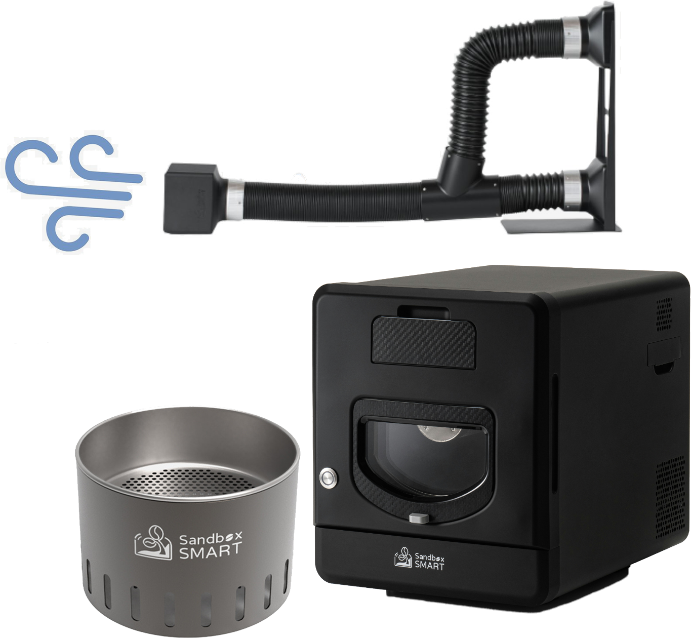 Sandbox Smart R2 coffee roaster with C1 cooler and F2 exhaust fan bundle setup.