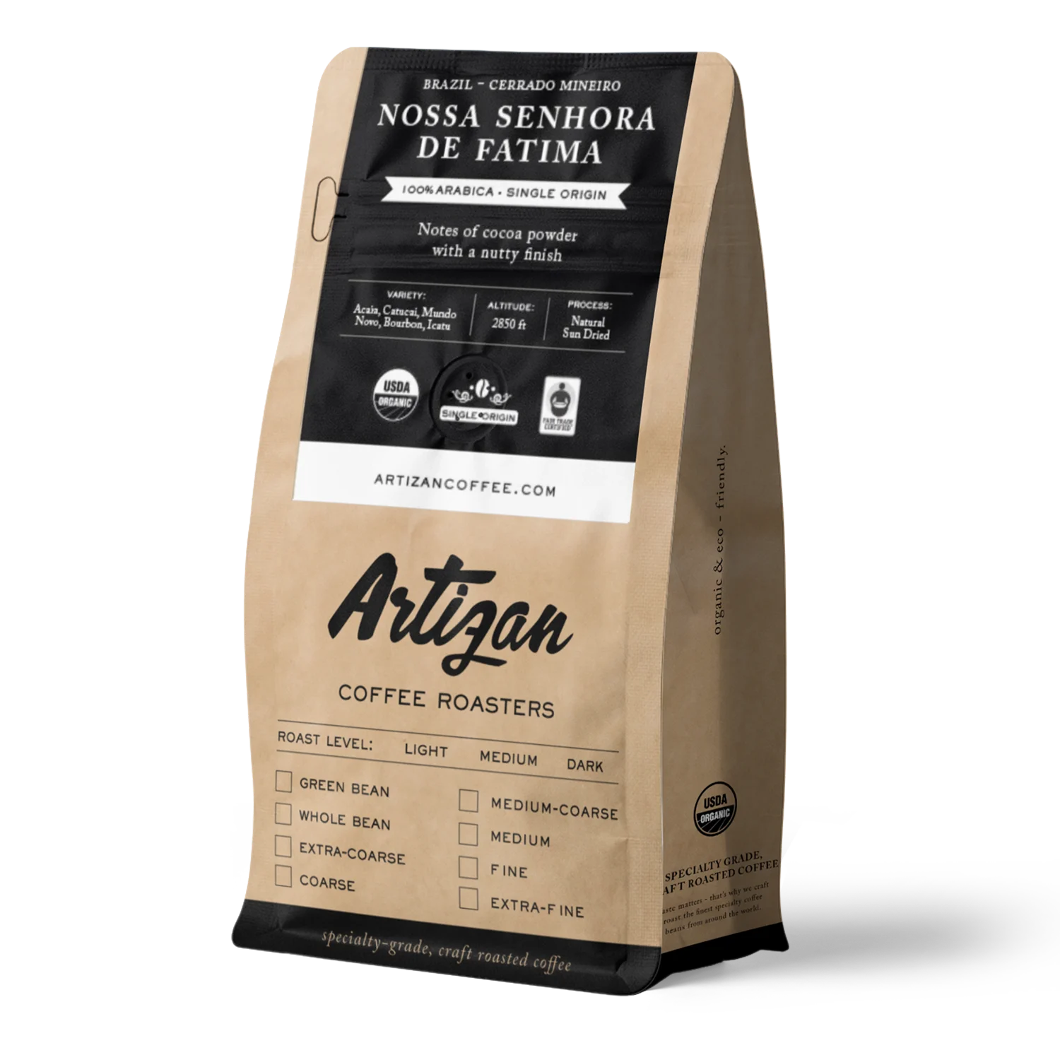 Brown coffee bag labeled 'Nossa Senhora de Fatima' from Artizan Coffee Roasters with flavor notes.