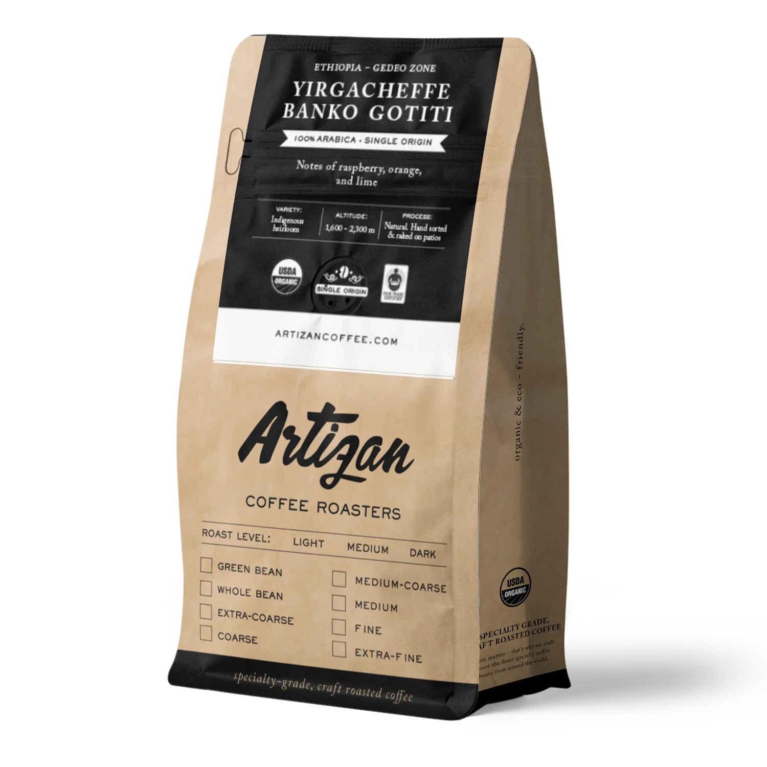 Bag of Yirgacheffe Banko Gotiti coffee from Artizan Coffee Roasters.