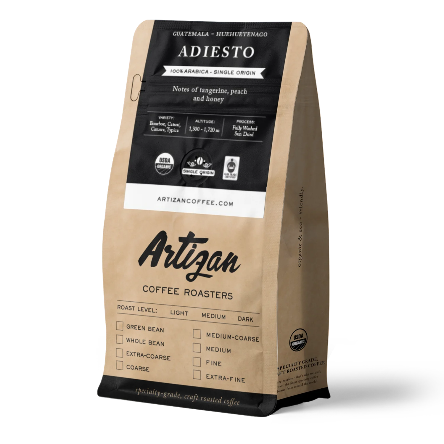Package of Artizan Coffee Roasters' Adiesto coffee, featuring a modern, minimalist design.