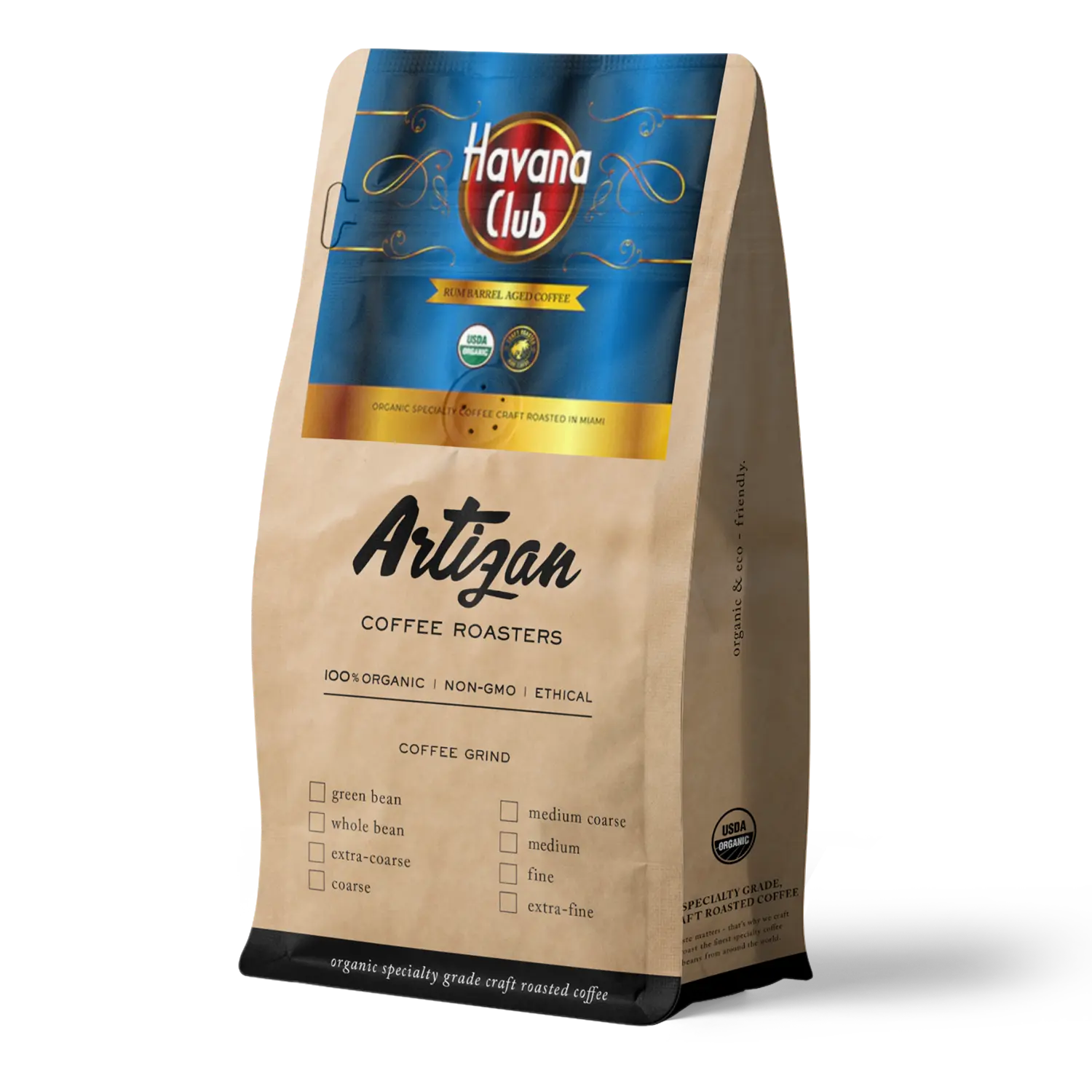 Bag of Havana Club coffee, labeled as 'Artizan Coffee Roasters', featuring organic and ethical certifications.