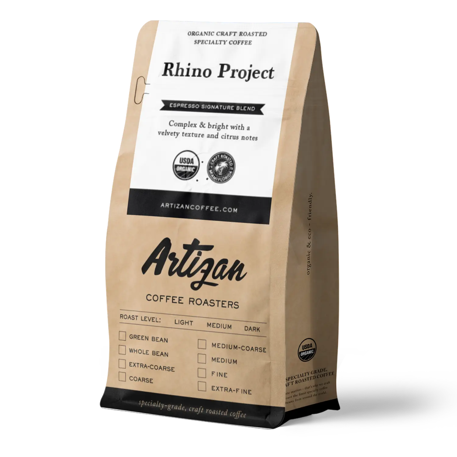 Package of Rhino Project specialty coffee from Artizan Coffee Roasters.