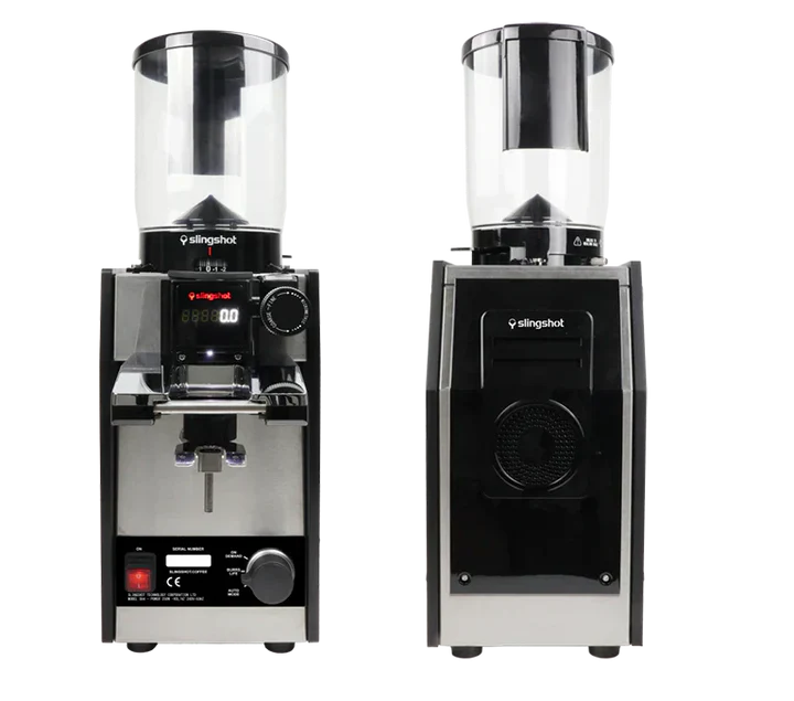 Front and back image of Slingshot Dosis Self-Dosing Volumetric Grinder Black