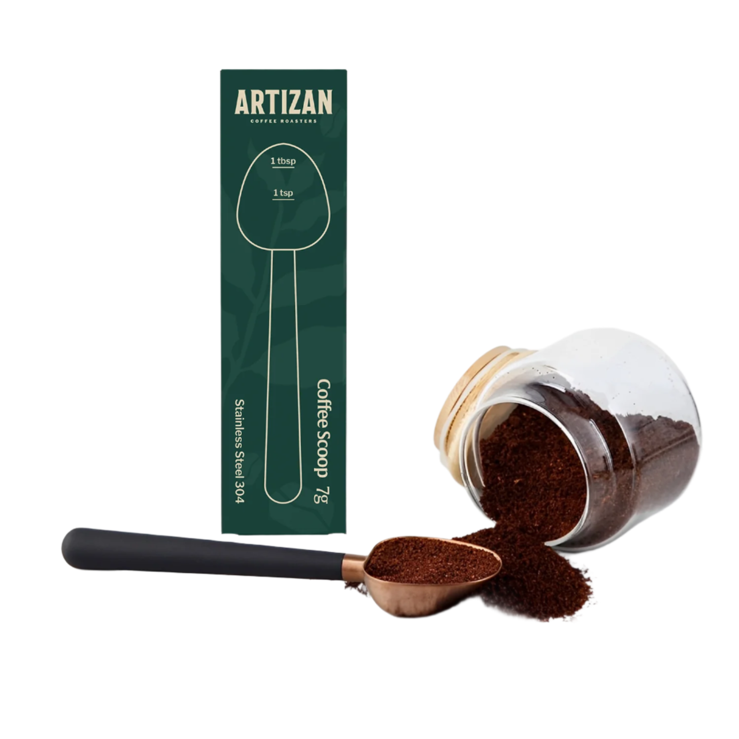 Rose gold long handle coffee measuring scoop – durable stainless steel barista tool with ground coffee on the side