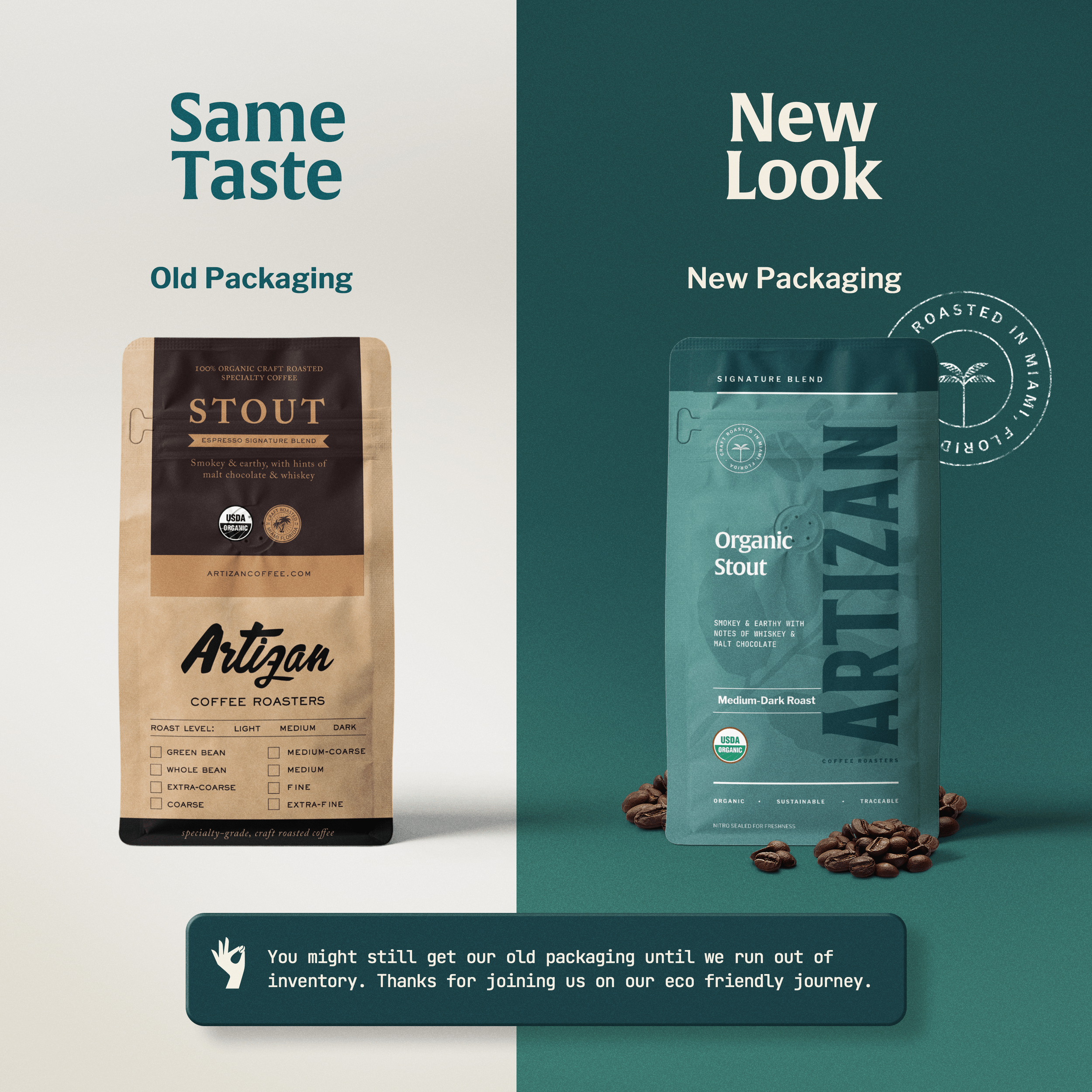 A Before and After Image of Old and New Packaging of Organic Stout Whole Bean or Ground.