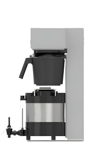 Left side profile of TONE Touch 04 smart brewer with visible brew basket carrier arm, spray-head assembly, slim stainless steel frame, and compact footprint for commercial countertop use