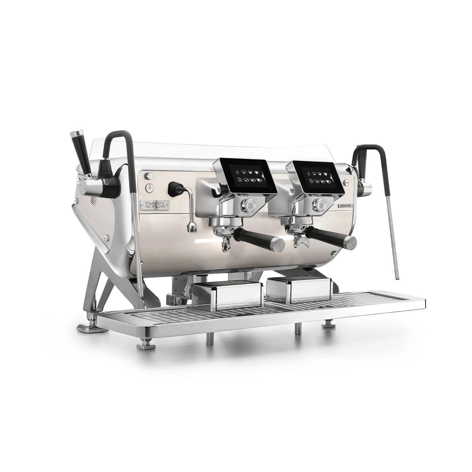 Commercial espresso machine with three spouts on a white background