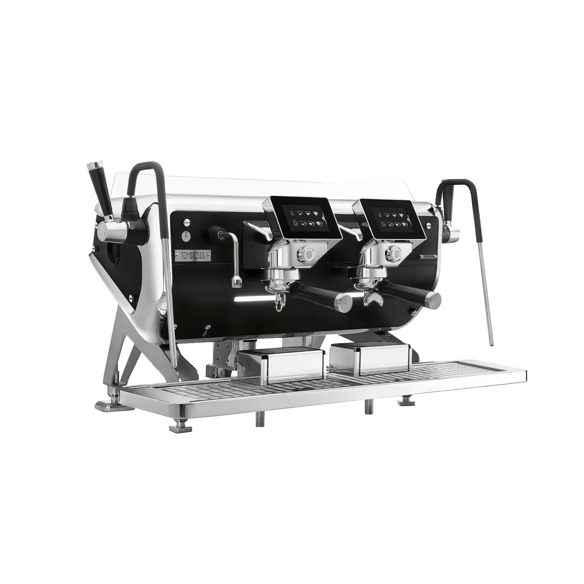 Professional two-group commercial espresso machine with dual touch displays, steam wands, and stainless steel drip tray