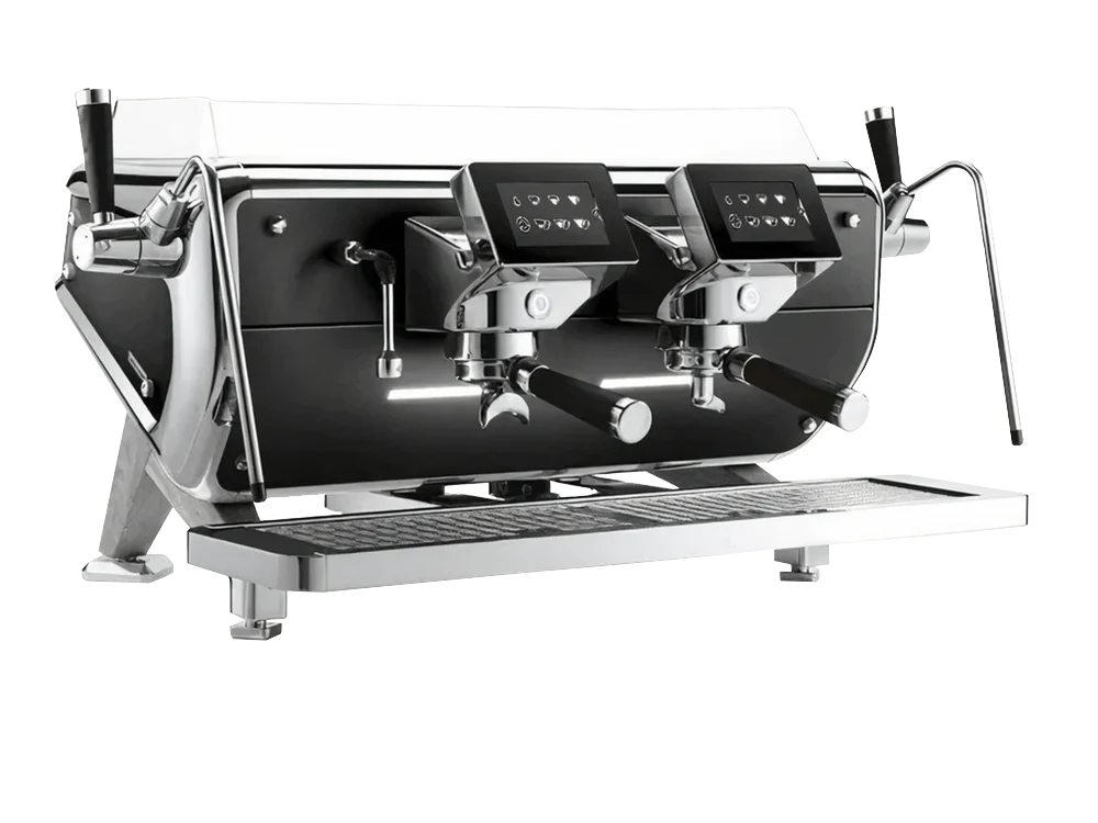 Professional two-group commercial espresso machine with dual touch displays, steam wands, and stainless steel drip tray