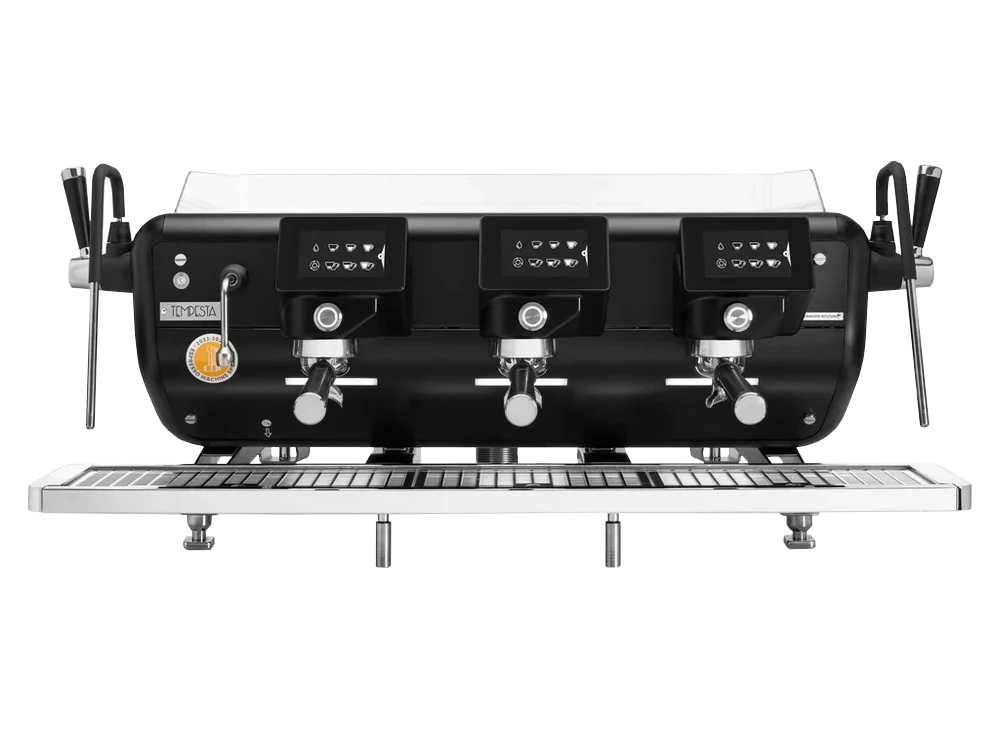 Professional three-group commercial espresso machine with digital touch displays, steam wands, and stainless steel drip tray
