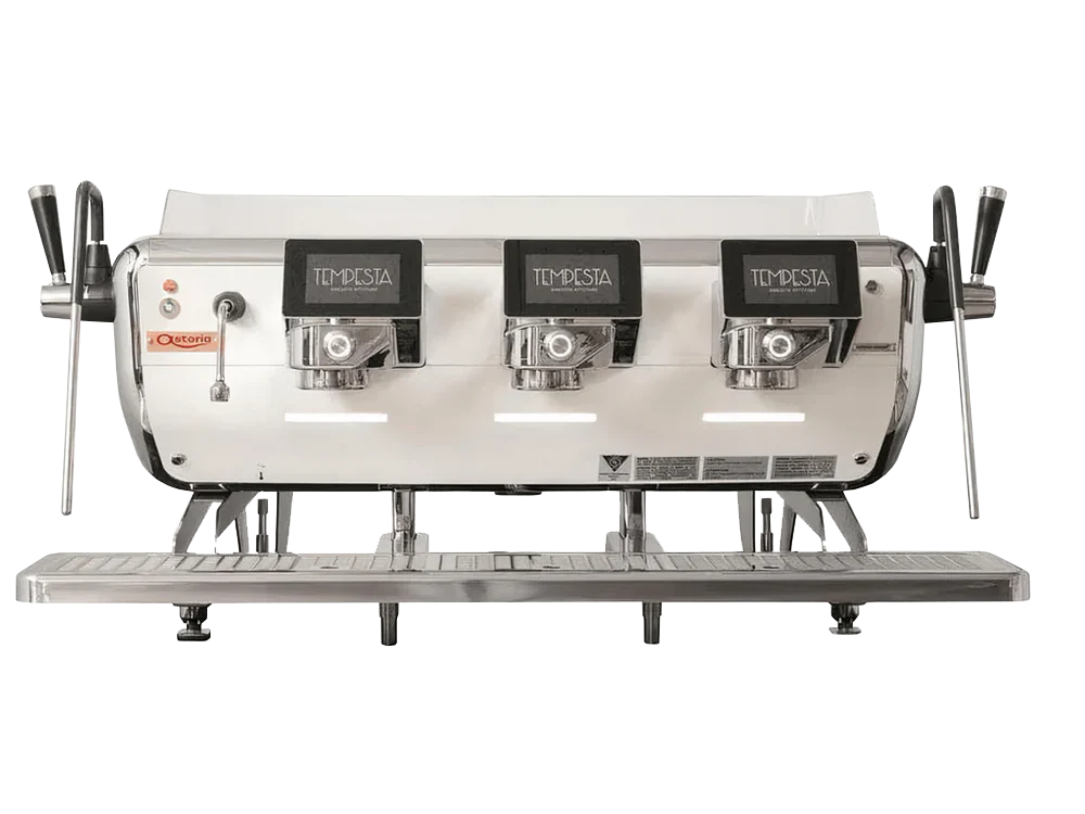 Professional three-group commercial espresso machine with digital touch displays, steam wands, and stainless steel drip tray