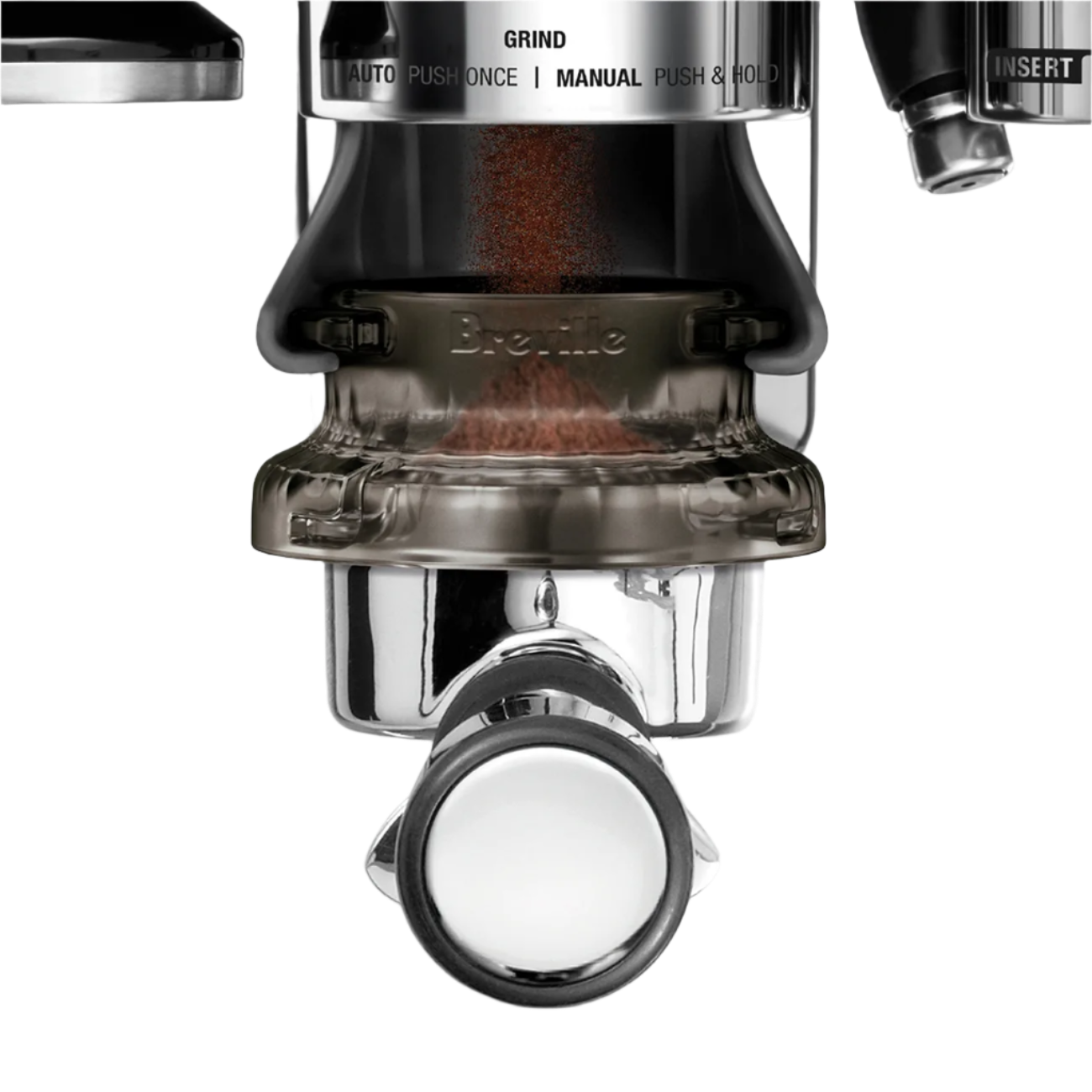 A view of dosing funnel installed in portafilter, highlighting smooth stainless finish and snug fit against the portafilter rim.