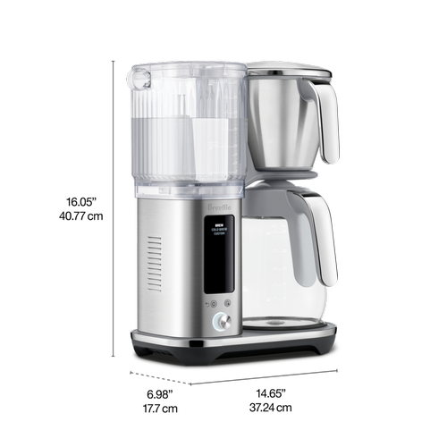 Technical specifications sheet of The Luxe Brewer Glass drip coffee maker detailing product dimensions, brewing capacity, programmable settings, and stainless steel design features.