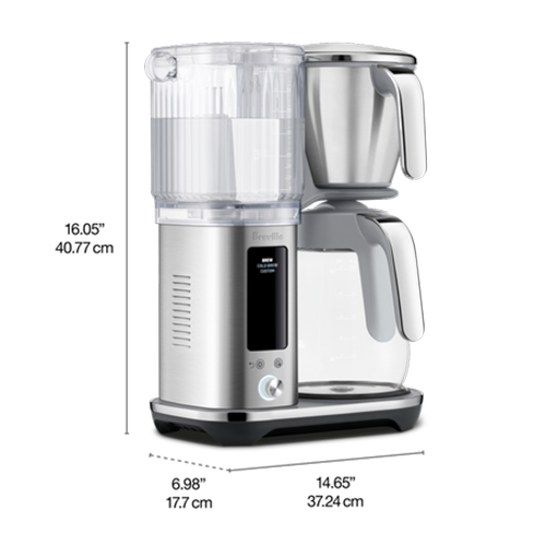 Technical specifications sheet of The Luxe Brewer Glass drip coffee maker detailing product dimensions, brewing capacity, programmable settings, and stainless steel design features.