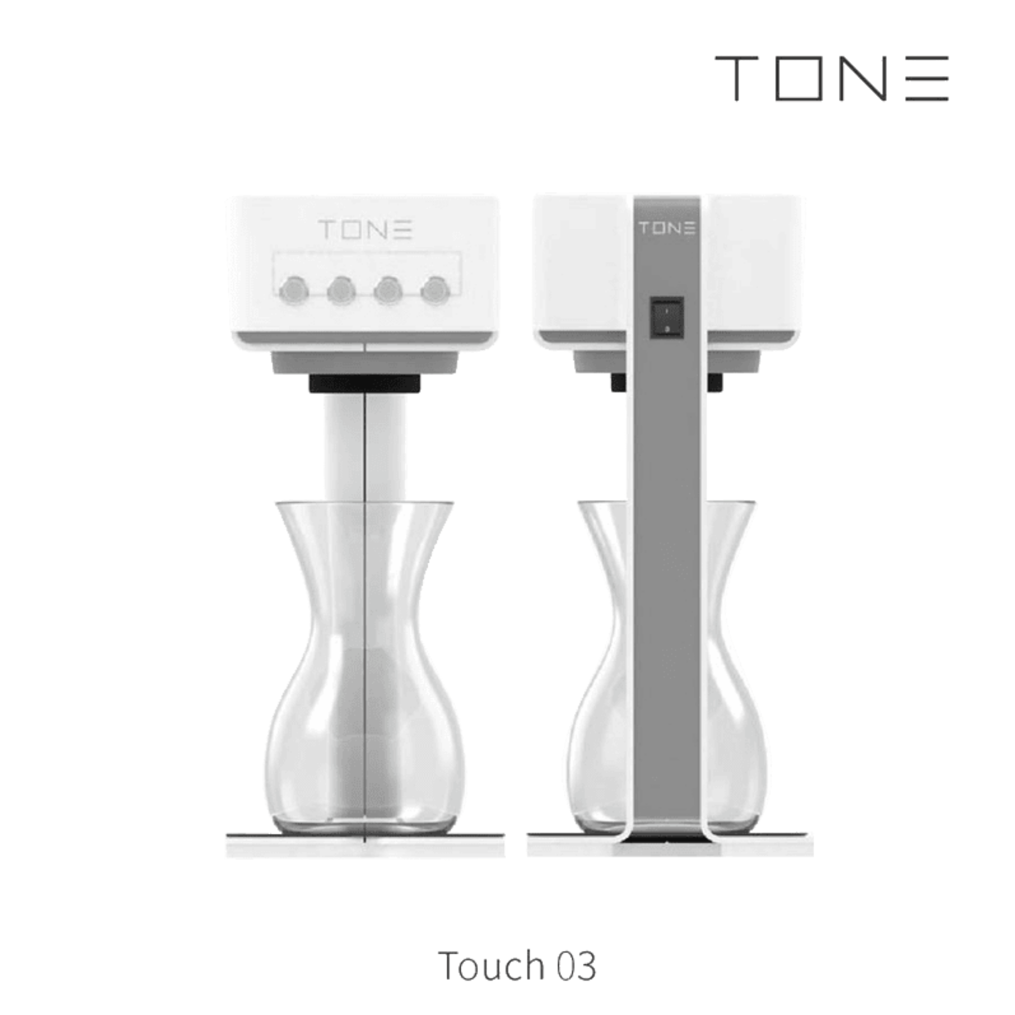 Close-up of TONE Touch 03 brewer control interface showing backlit touch responsive buttons, LED status indicators, and minimalist white casing for streamlined user interaction.