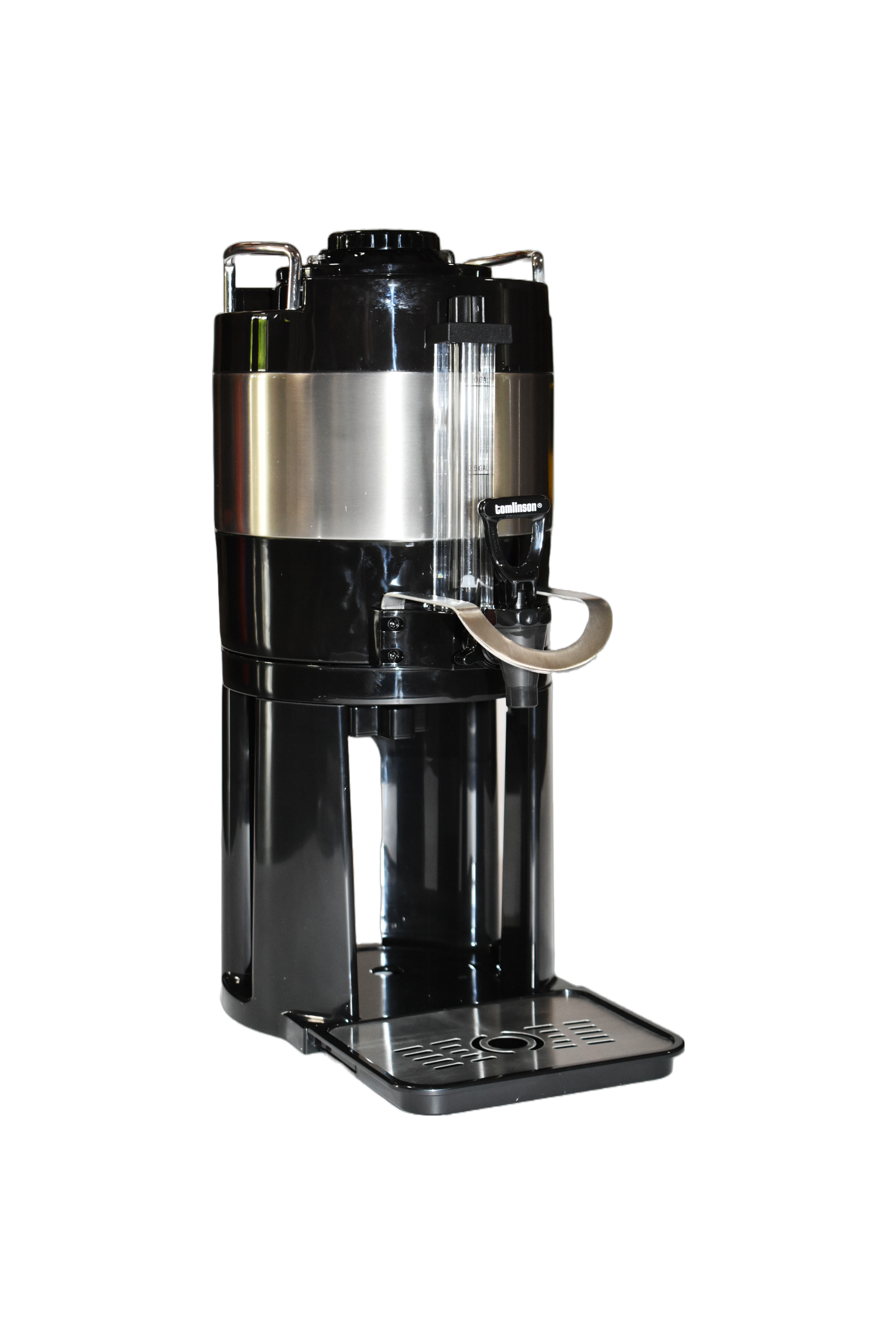 Thermal urn and stand assembly from Newco Profiler Batch Brewer Stainless Steel—detached view highlighting double-wall insulated urn, pour spigot at front, ergonomic top handle, and stand’s brushed steel support frame.