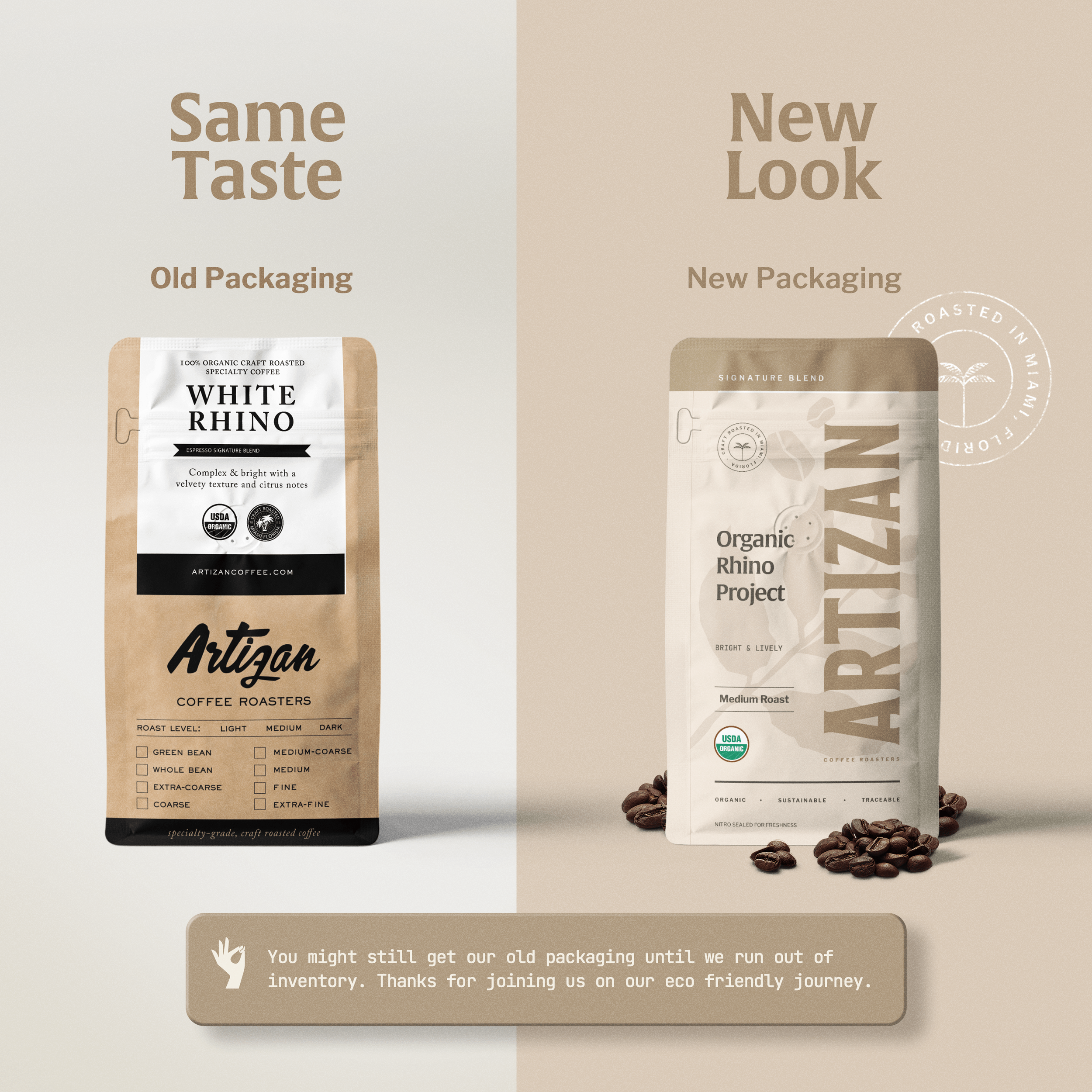 Before and After Image of the New Packaging of Organic Rhino Project Organic Coffee Whole Beans or Ground.