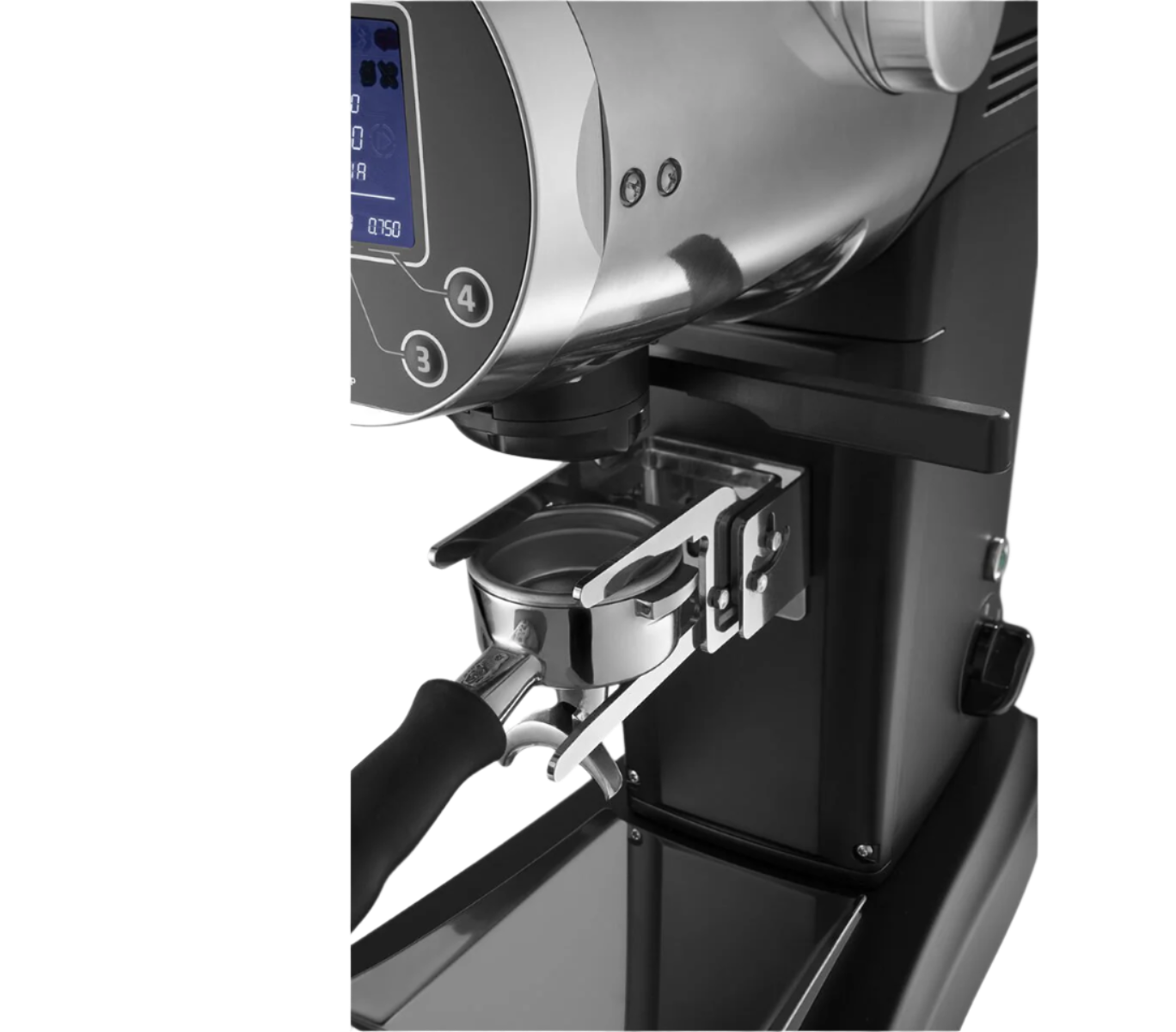 Closer look at the portafilter and panel of Mazzer ZM Plus Espresso & Filter Single Dosing Coffee Grinder