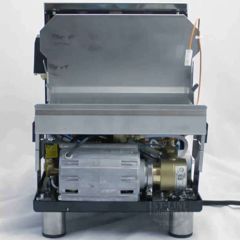 Discontinued Bezzera Mitica V2 HX switchable espresso machine with back panel removed showing motor, wiring, and metal frame.