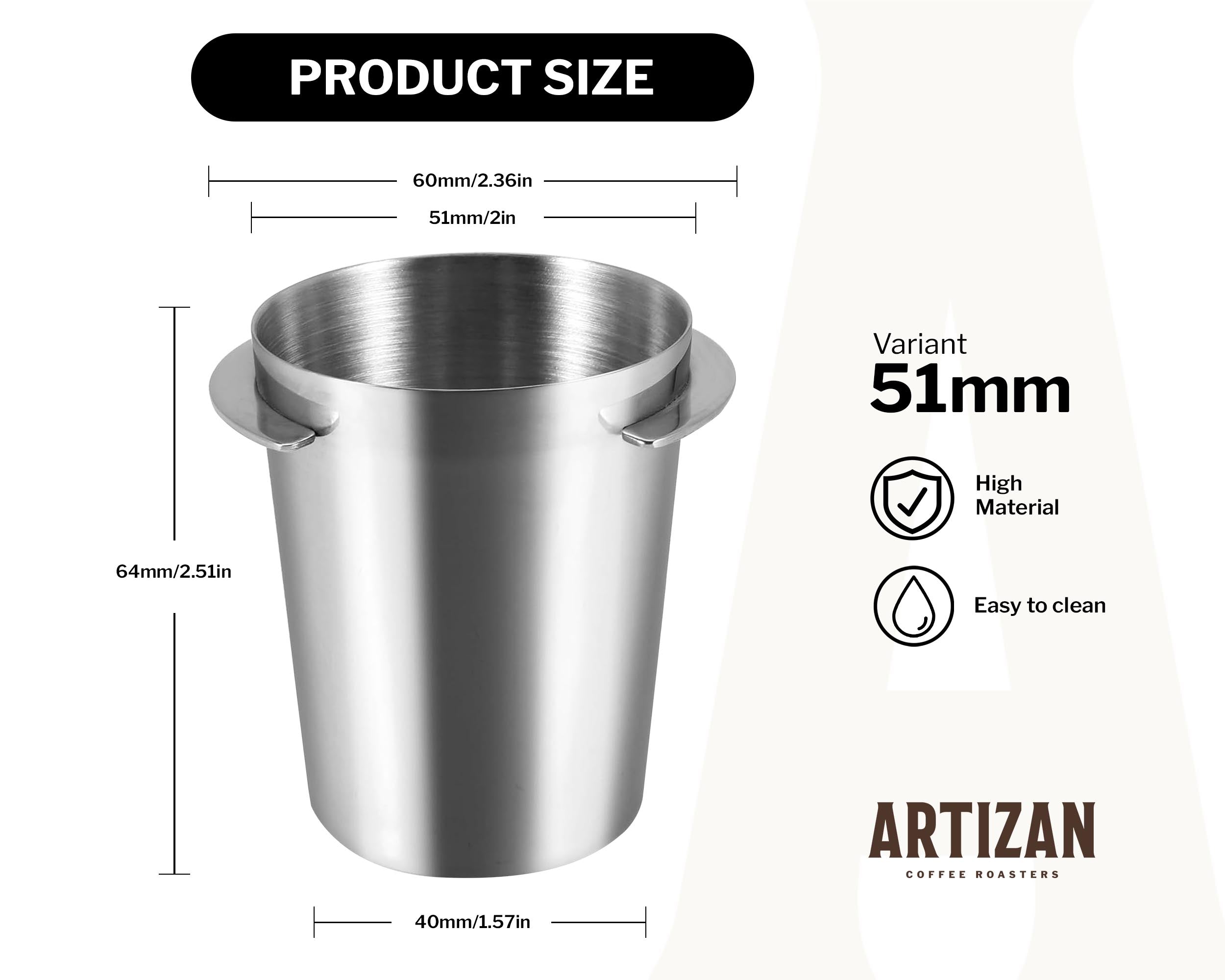 Artizan 51mm stainless steel espresso dosing cup for portafilter – 60mm top diameter, 64mm height, easy to clean coffee dosing accessory