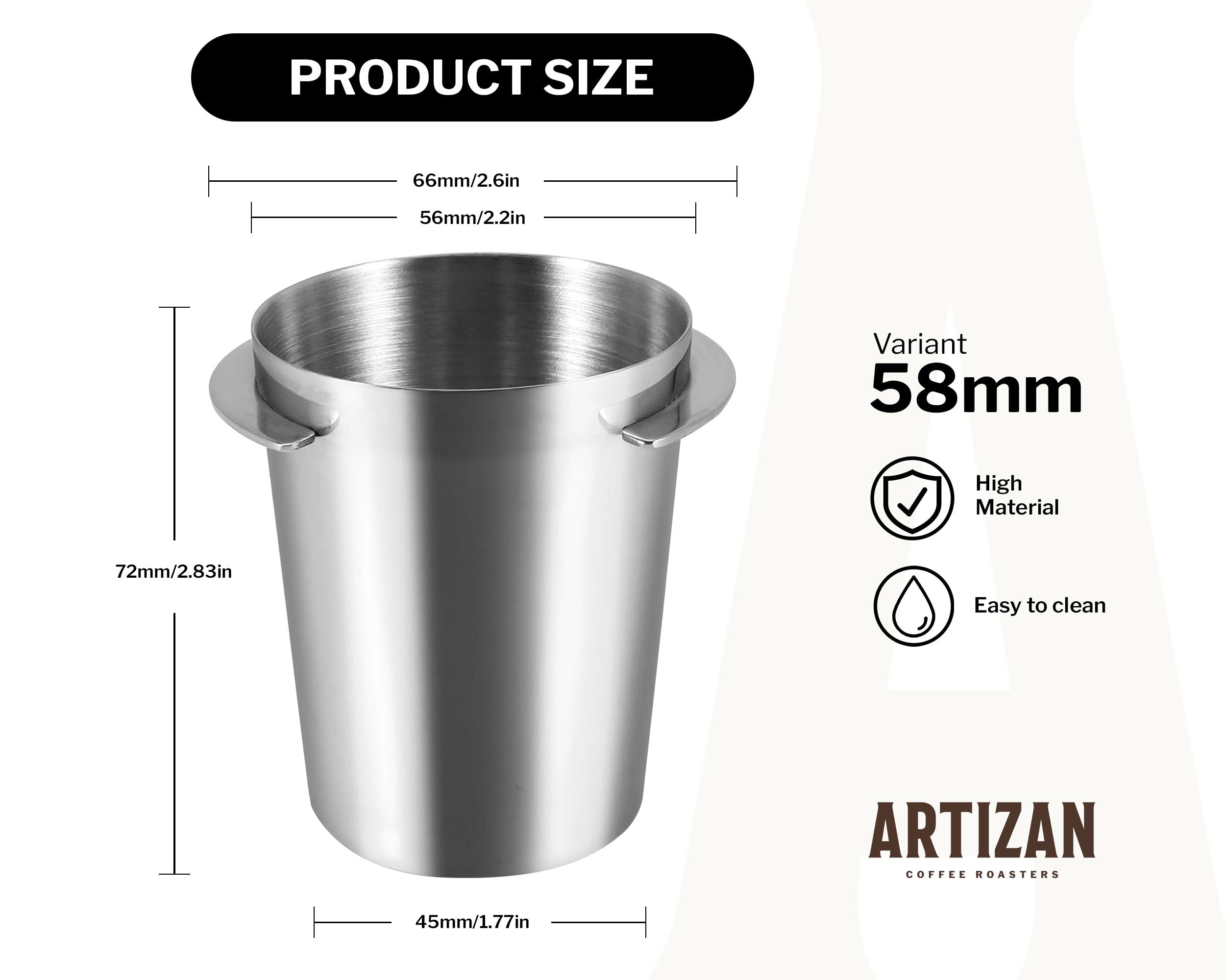 Artizan 58mm stainless steel espresso dosing cup for portafilter – 66mm top diameter, 72mm height, professional barista dosing accessory