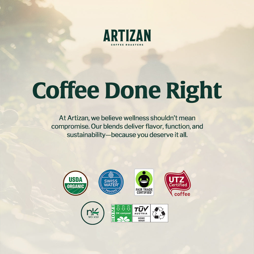 Artizan Coffee Roasters organic mushroom coffee capsules with USDA Organic, Fair Trade, and compostable certifications displayed over coffee farm background.