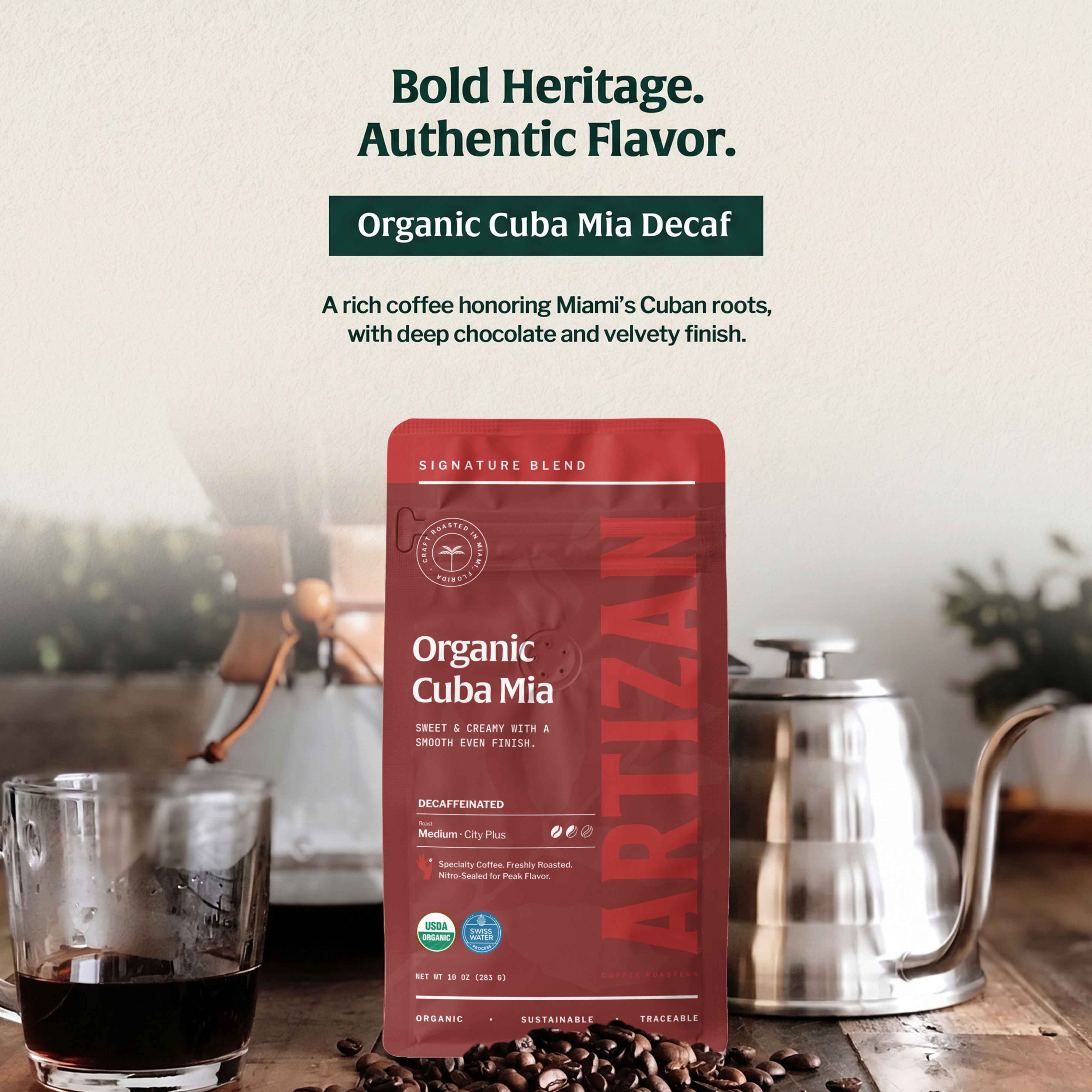 artizan organic Cuba Mia Decaf Coffee whole beans & ground coffee detail 1x1