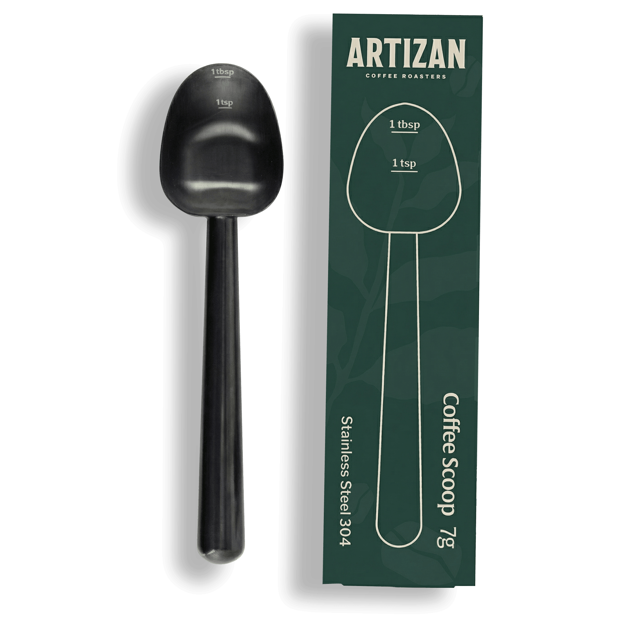 Artizan Black coffee scoop with packaging in clean product display on transparent background