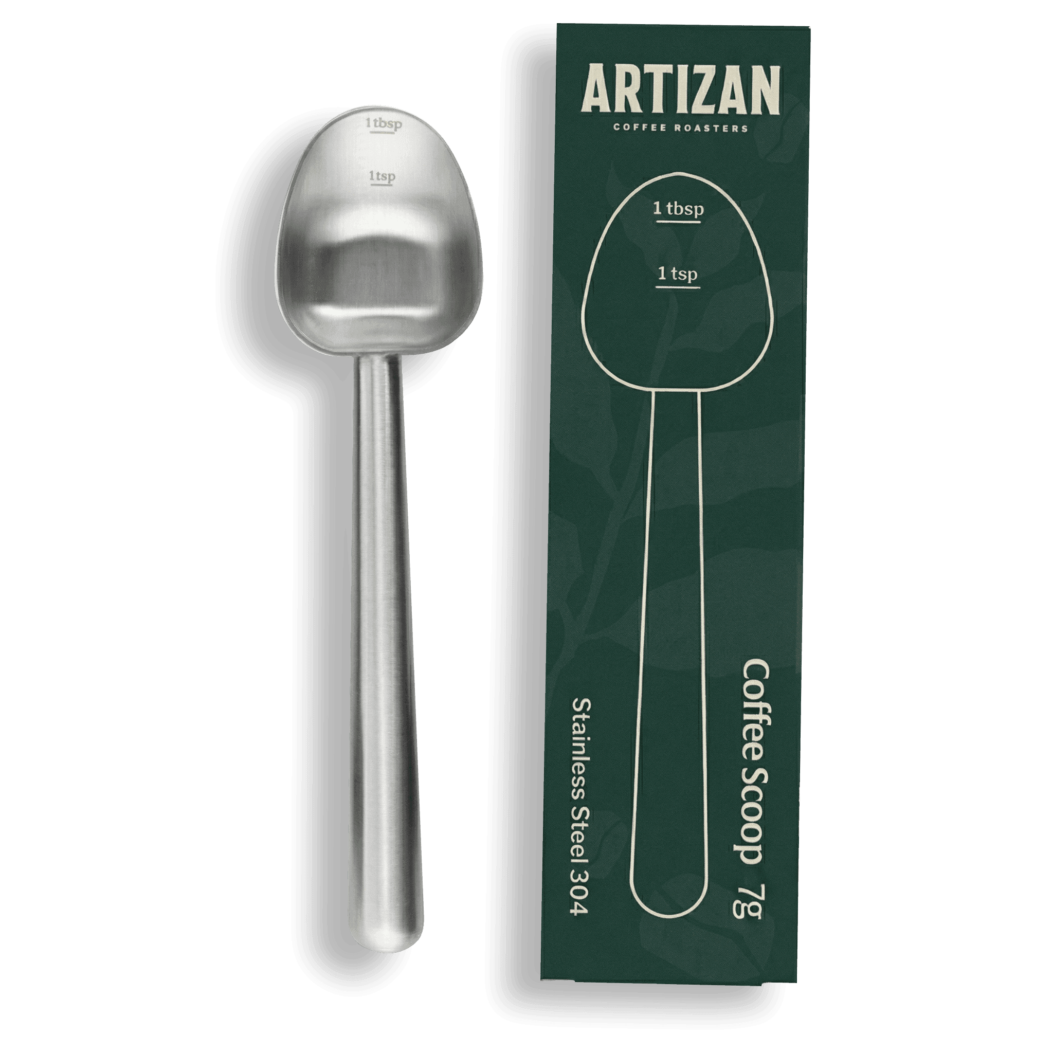 Artizan Silver coffee scoop with packaging in clean product display on transparent background