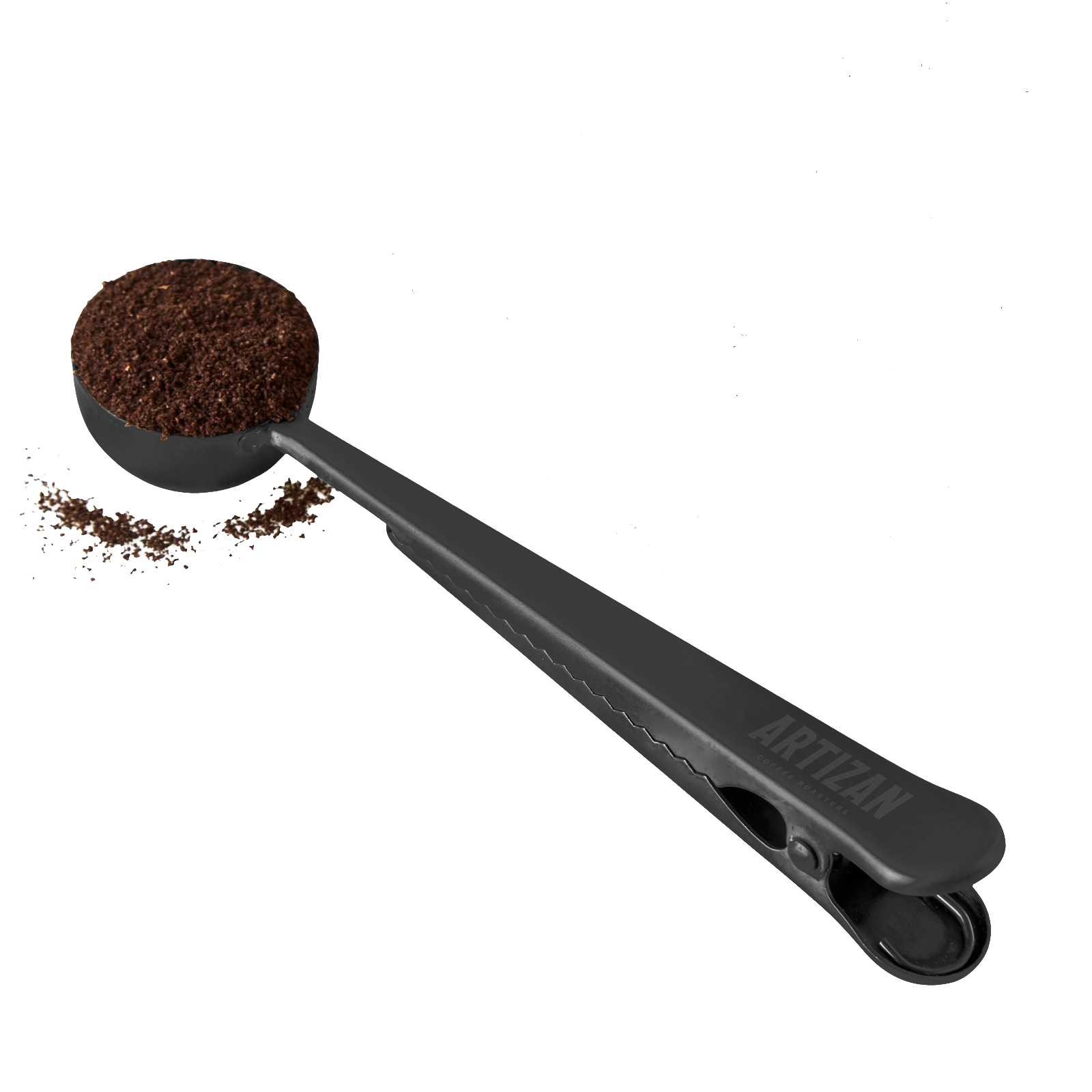 Artizan Coffee stainless steel coffee scoop with built-in bag clip, polished finish, full view