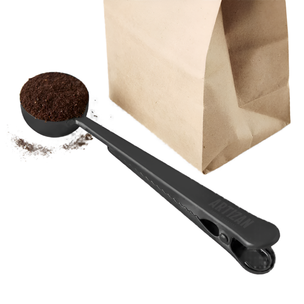 Artizan Coffee scoop with integrated bag clip, stainless steel design on white background