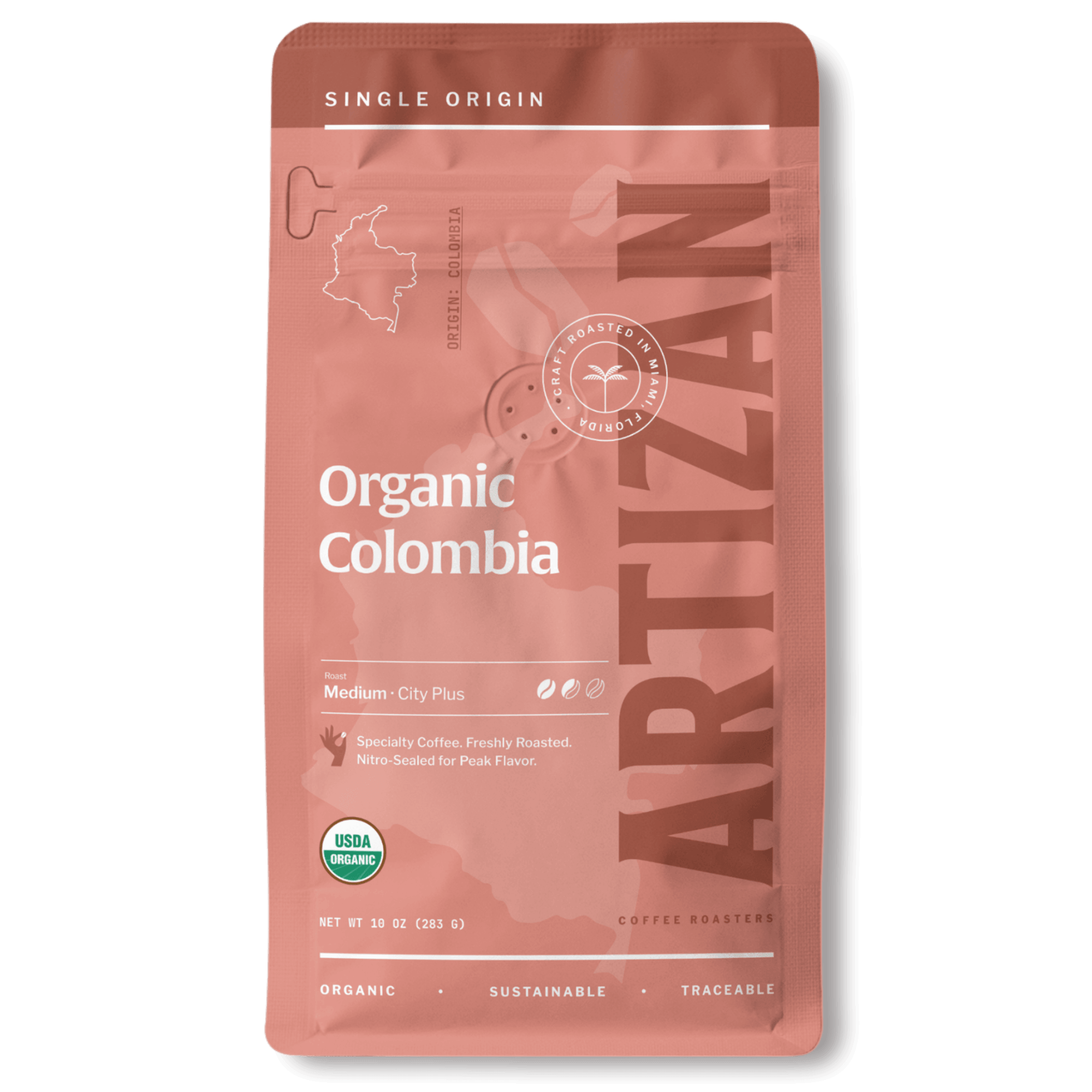 Package of Artizan Coffee Roasters' Organic Colombia espresso blend with a description of flavor notes.