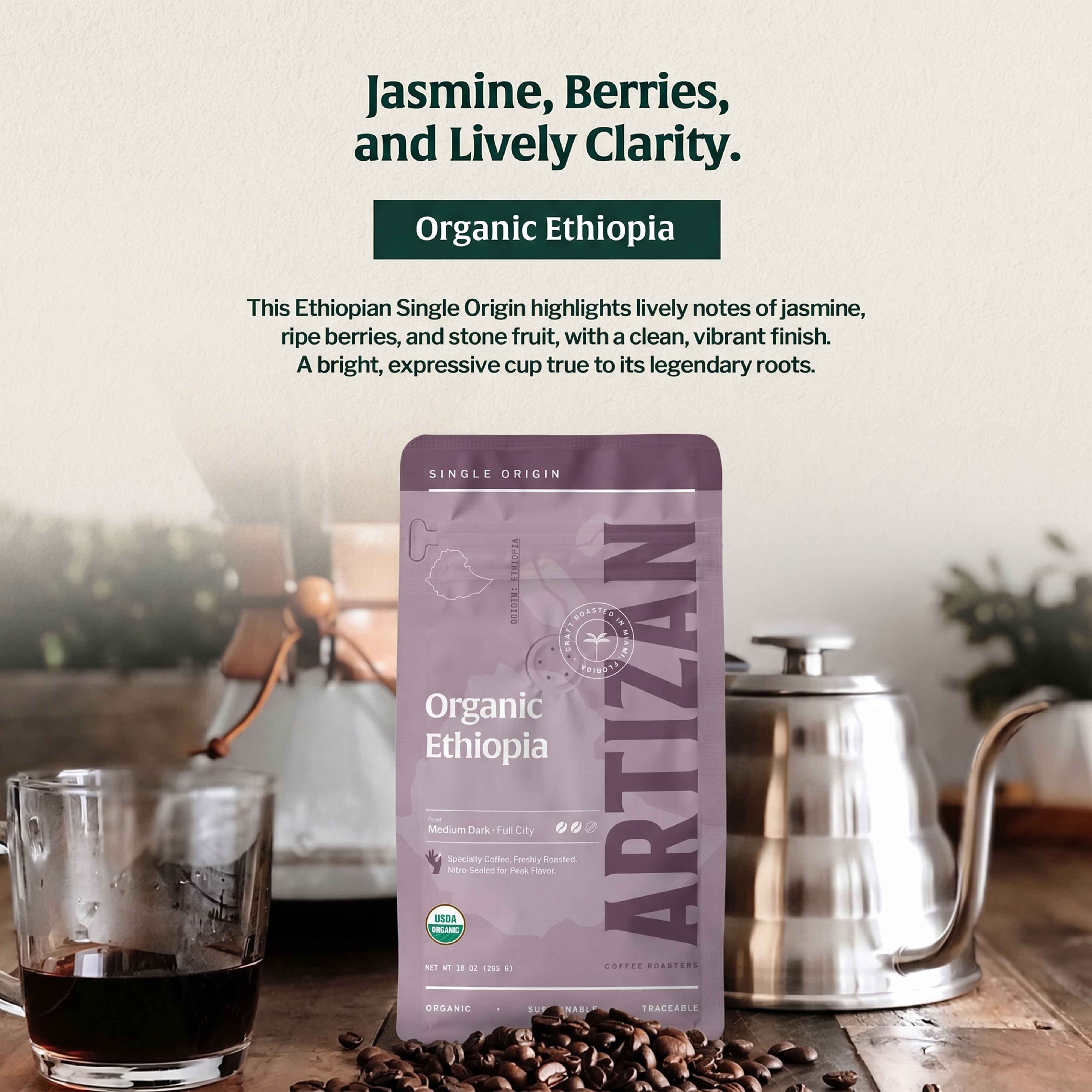 artizan organic ethiopia whole beans & ground coffee detail 1x1